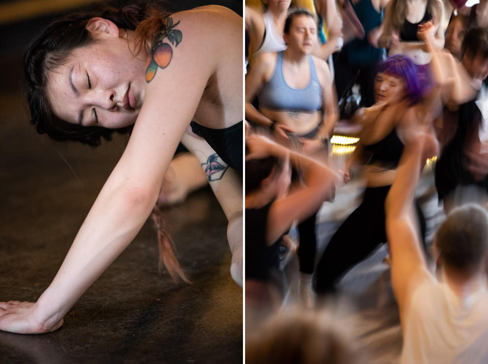 Left a photo of a woman stretching, right: a motion blurred image of participants dancing