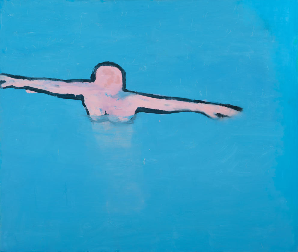 a painting almost all blue with a pink female figure floating in it