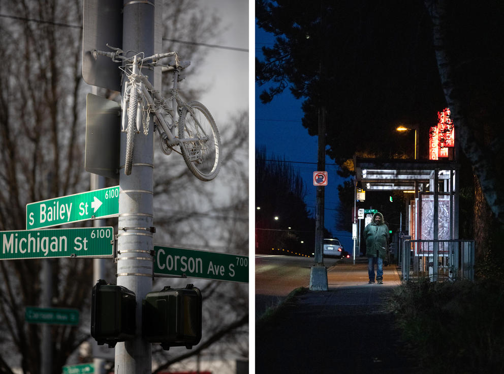 Ghost bike on the left. Bus stop on the right.