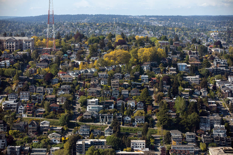 Homes and apartments in the Queen Anne neighborhood seen from the Space Needle.