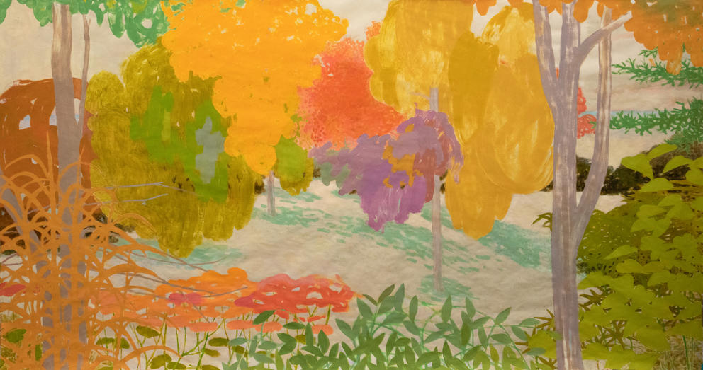 Abstract, globby pastels form a landscape of brush, leaves and overlapping trees