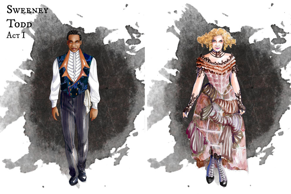 side by side costume illustrations, on left, a man in blue pants blue vest and ruffled white shirt, on right a woman in a long ruffled dress