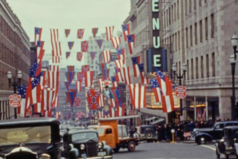 Street scene with red, white and blue flags