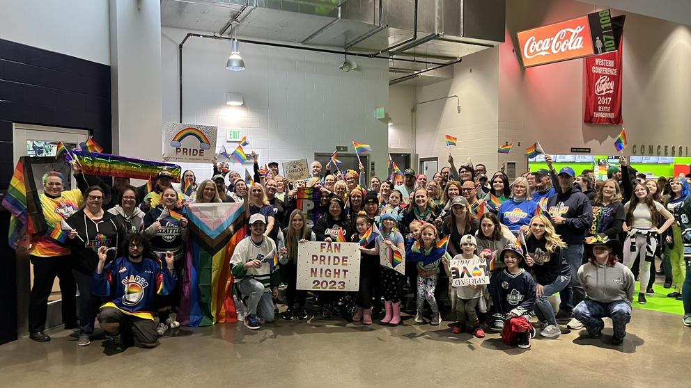 A group at the fan-organized Pride Night at a Seattle Thunderbirds game
