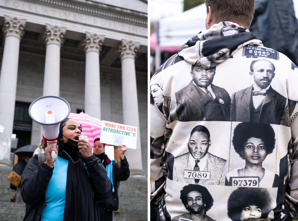 Left: Na'Quel Walker, the community organizing director at Collective Justice. Right: Alex Nayo wears a sweatshirt with the faces of famous civil rights activists during a rally for house bill 1324.