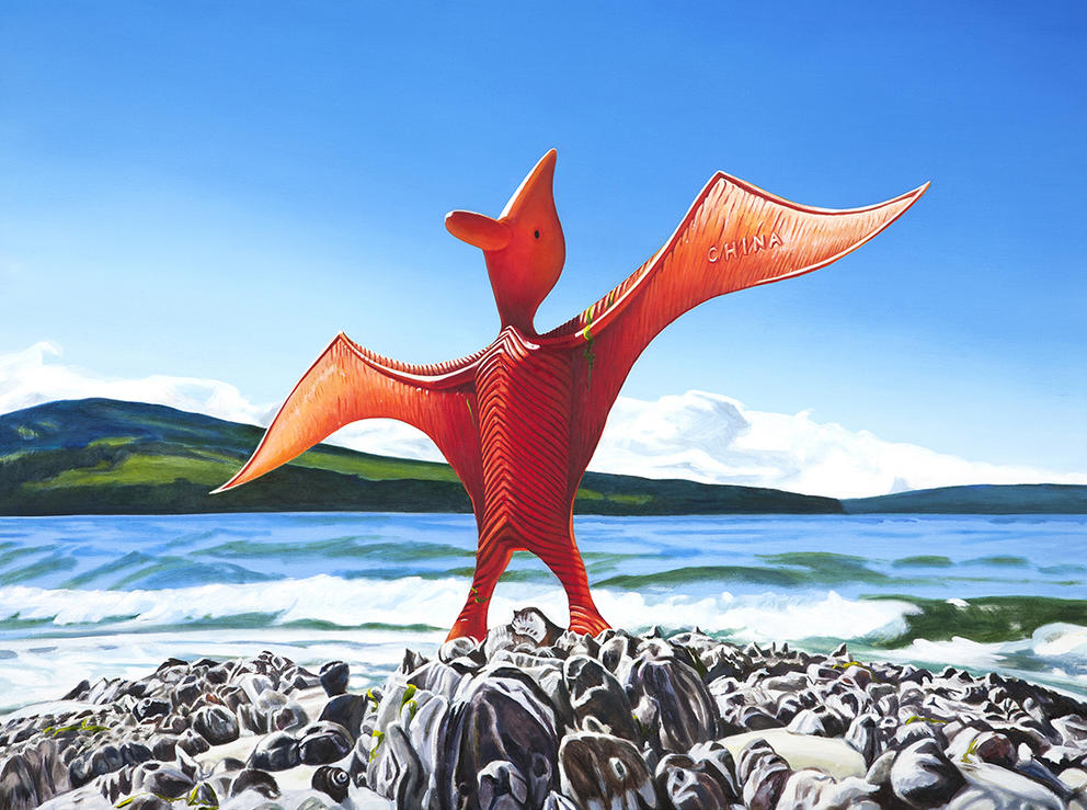 painting of a coastal scene with a plastic orange pterodactyl toy standing on the beach