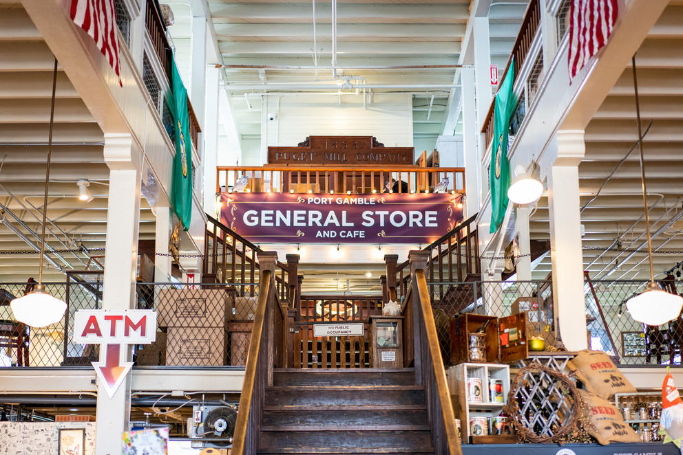 Stairs lead up to the historic Port Gamble General Store and Cafe