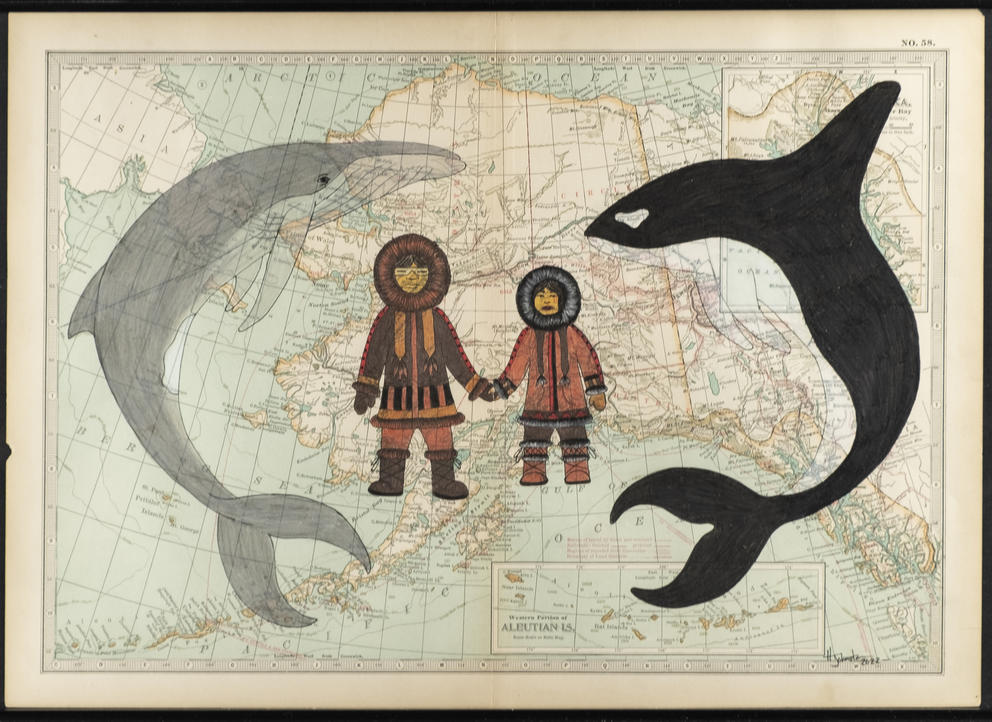 an artwork featuring a painting on an old map of alaska -- painting features two people surrounded by a whale and an orca