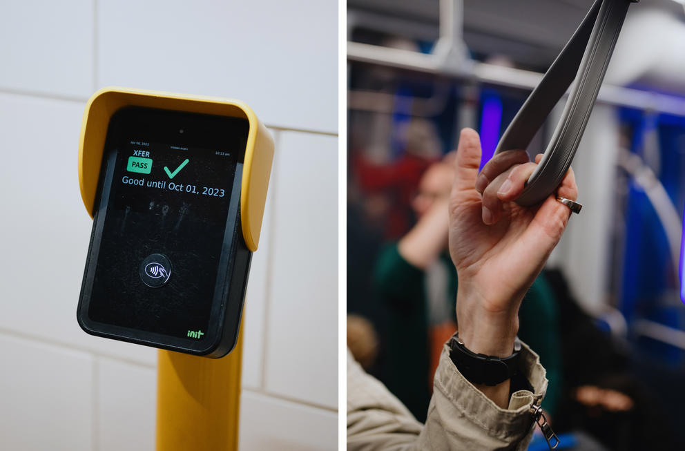 Left: ORCA card reader. Right: Passenger trying to balance on a train.