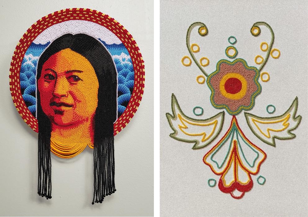 two beaded artworks side by side, one of a woman in braids, the other a curlicued flower