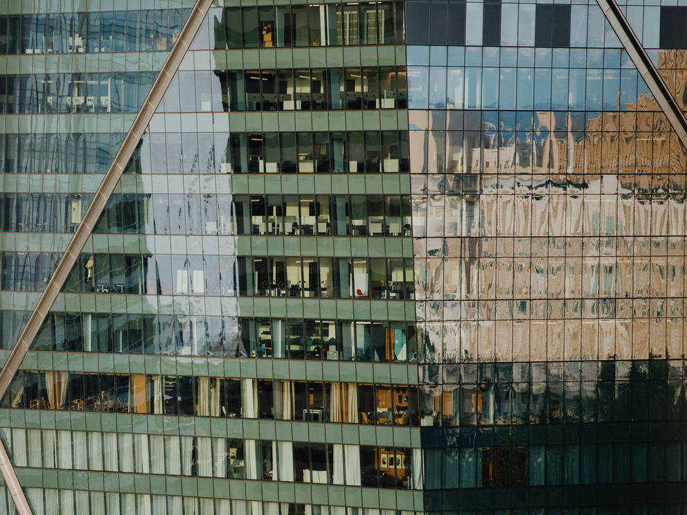 a reflection from of a downtown Seattle building 
