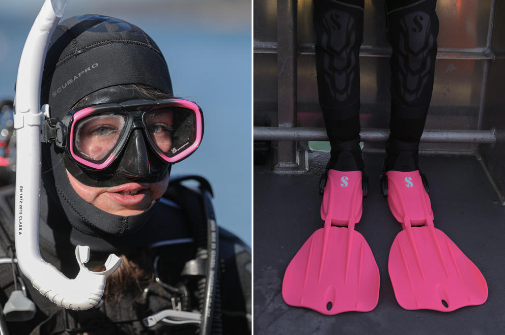 :eft: A close up of a diver in a wetsuit, hood, mask and snorkel. Right: a close up of pink flippers