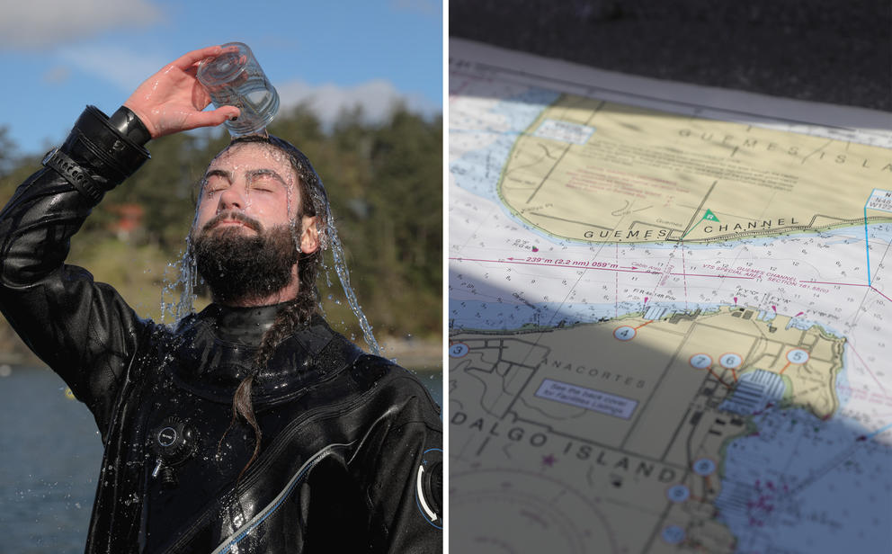 Right: a man in a wetsuit pours water over his head Left: light falls on a map of the Salish Sea and San Juan Islands