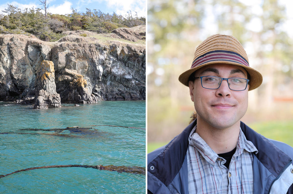 left: a kelp bed near shore. right: a headshot of Toby McLeod