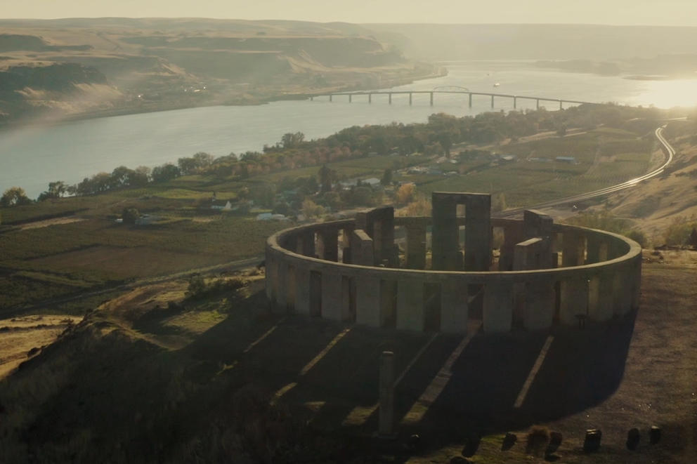 Wide image of the Stonehenge memorial overlooking the Columbia River.