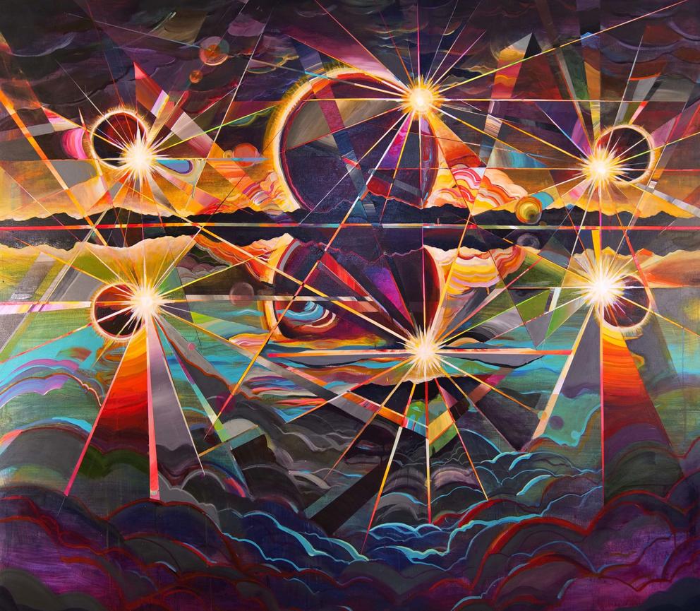 a futuristic painting with three purple suns and bright stars and an a distant mountain range