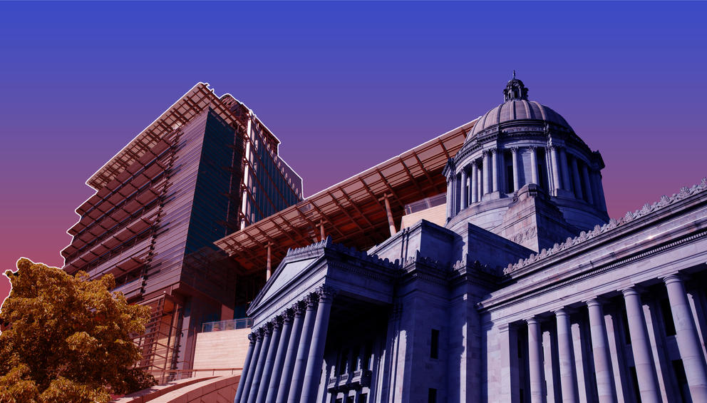 An illustration of the Capitol and a city hall.