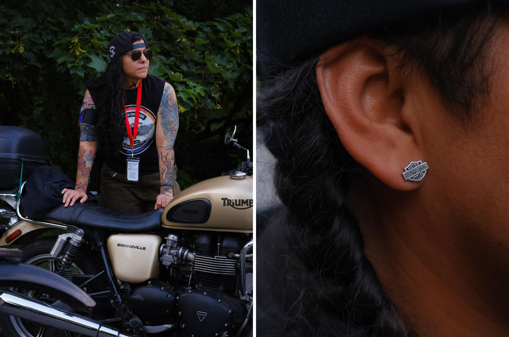 Left: A medium shot, Autumn Jimenez stands, leaning on her motorcycle. Right: A close up, Anabel Brown wears a Harley Davidson logo earring.