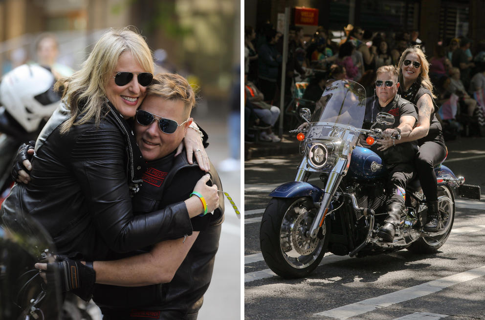 Two photos of  M.A. Allen and girlfriend Nili Steiner hugging, at left, and riding in the the Pride parade, at right.