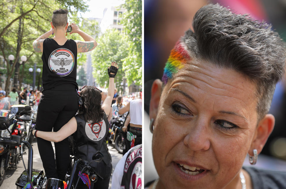 At left: a woman stands on a motorcycle taking a photo, another woman holds her legs from below. At right: A close up of a short-haired woman with rainbow paint on her hair.