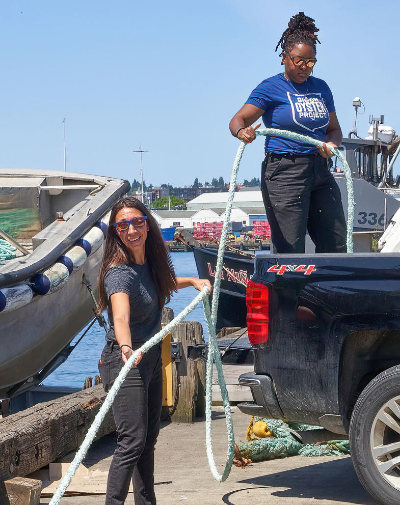 Allison Demmert(left) and crewmate Halcyon Spooner(right) do final check on FV Chirikof’s rigging.