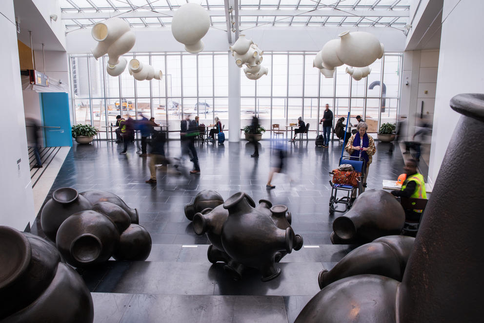blobby sculptures installed at an airport