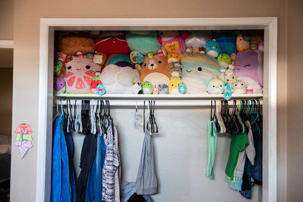 The girls’ closet is filled with Pusheen stuffed animals in their apartment.