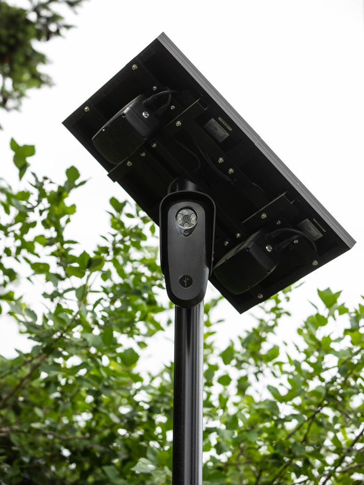 A Flock Safety camera on a pole in Spokane