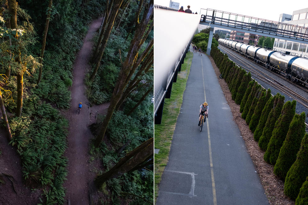 Two photos taken from above of a man riding a bike, at left down a forest trail, and at right down a paved path