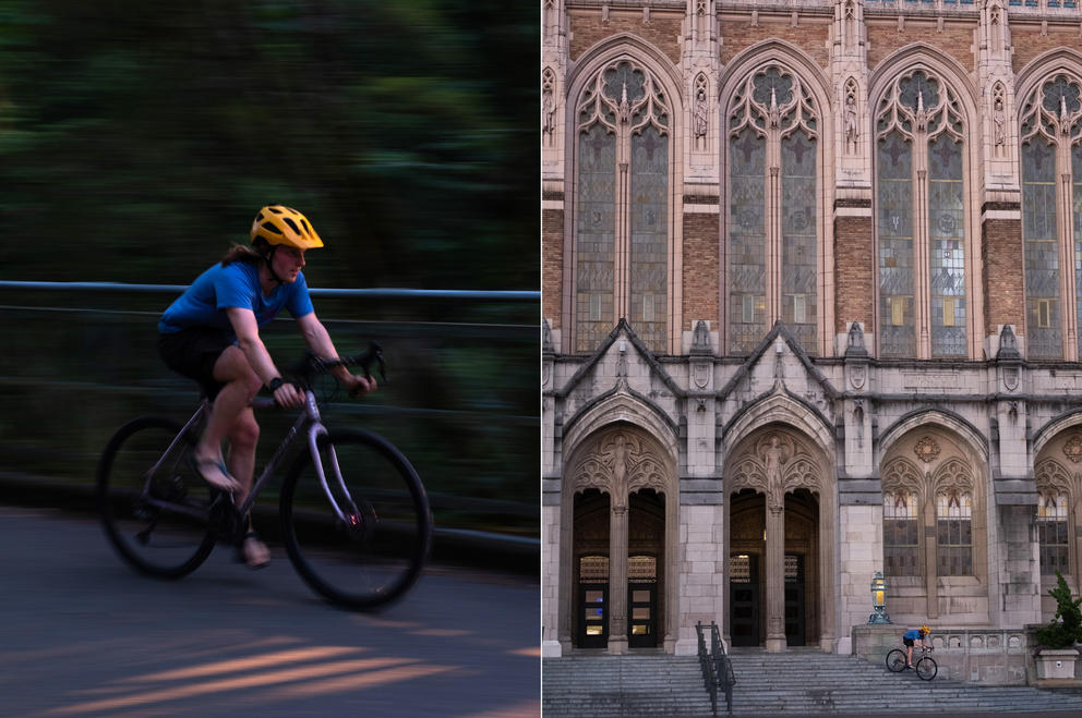 Left: Danny Roberts rides across the Ravenna Park Bridge. Right: Roberts rides down a set of stairs in Red Square on the University of Washington