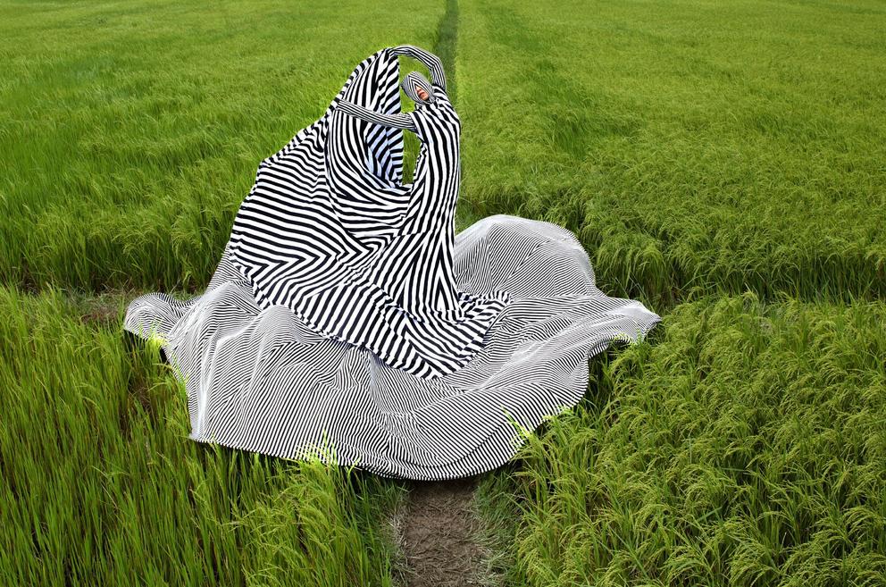 a figure in a hooded, ornately striped dress poses in a crop feild