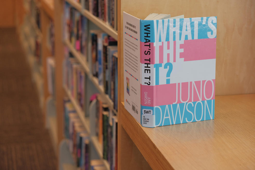 The book "Wht's the T?" by June Dawson on a library bookshelf.