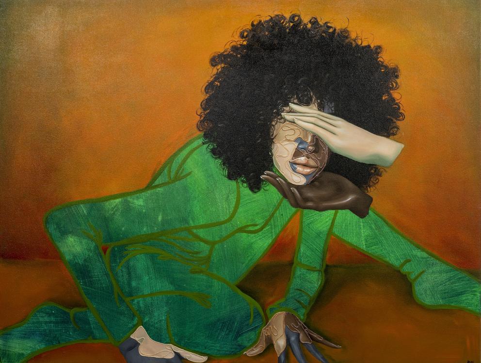 a painting of a woman in a green outfit, half her face is beige, half brown