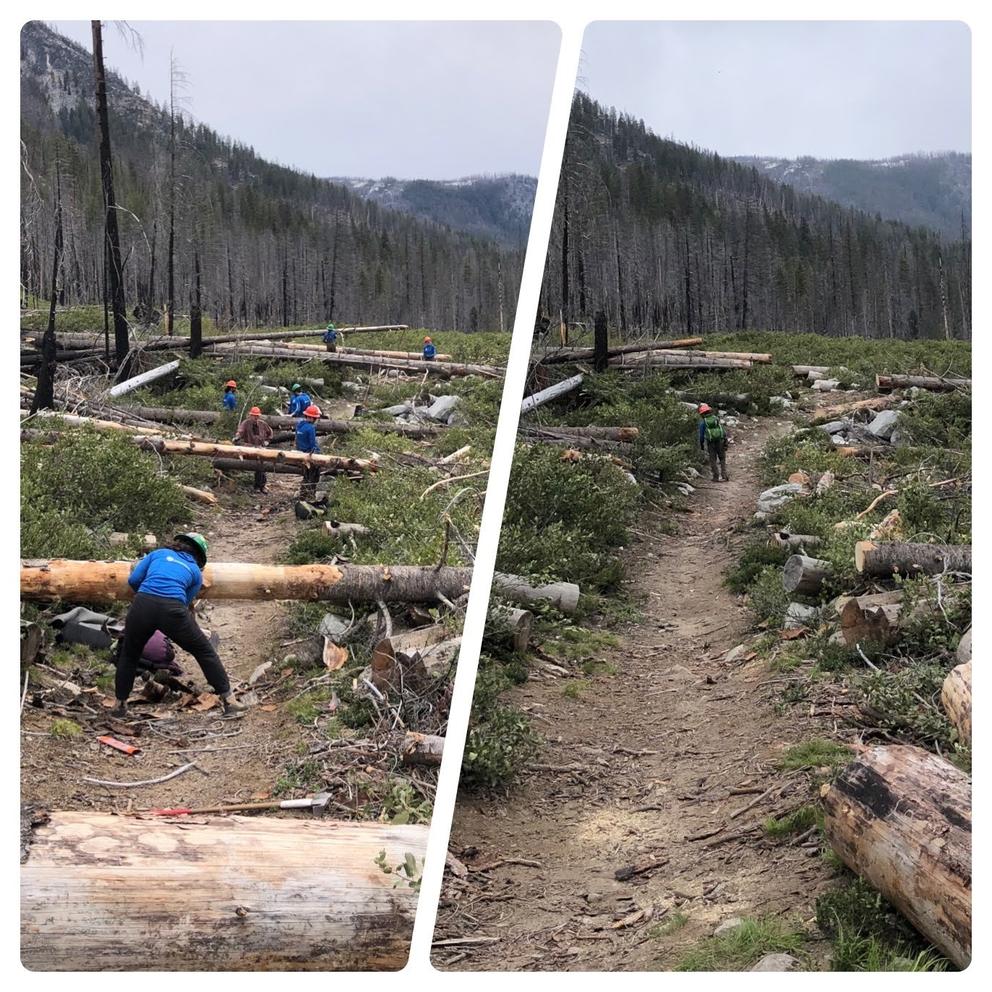 Before and after photo of crews removing downed trees from the Cow Creek Trail