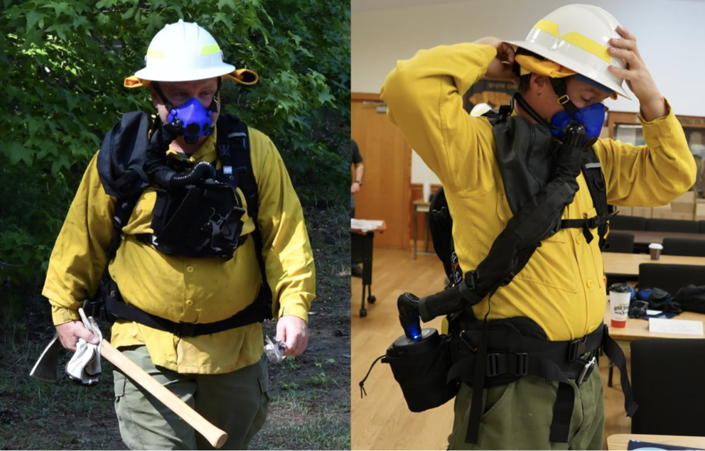 a side by side photo of two firefighters wearing yellow gear testing two blue respirators