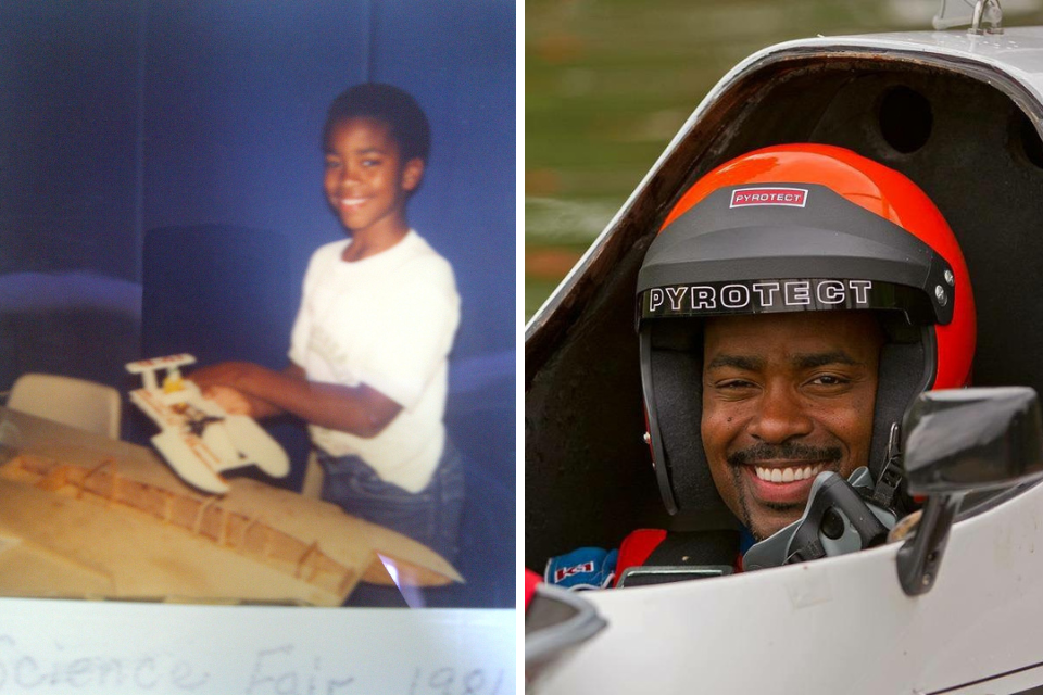Left, young Hall holds a model hydroplane racer in 1981. Right, Hall smiles in his current hydroplane racer.