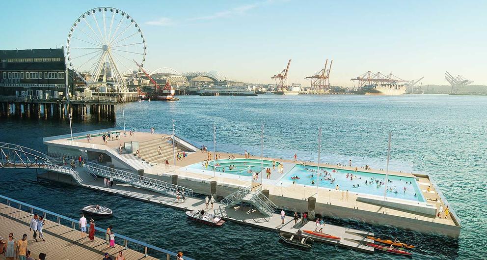 an architectural rendering showing a floating barge with a pool on it just off the Seattle waterfront