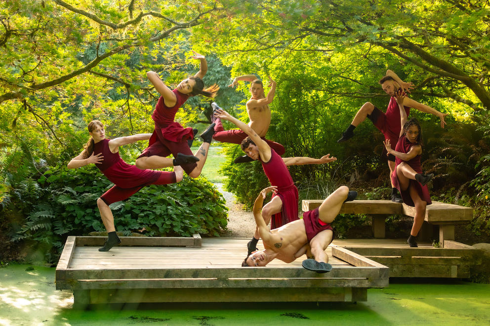 a photo of several dancers wearing red and leaping on a dock in the trees