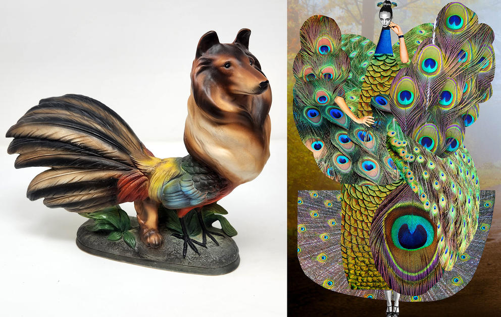 two side by side images: one of a collie-pheasant figurine, the other of a collage of a tall woman whose body is peacock feathers