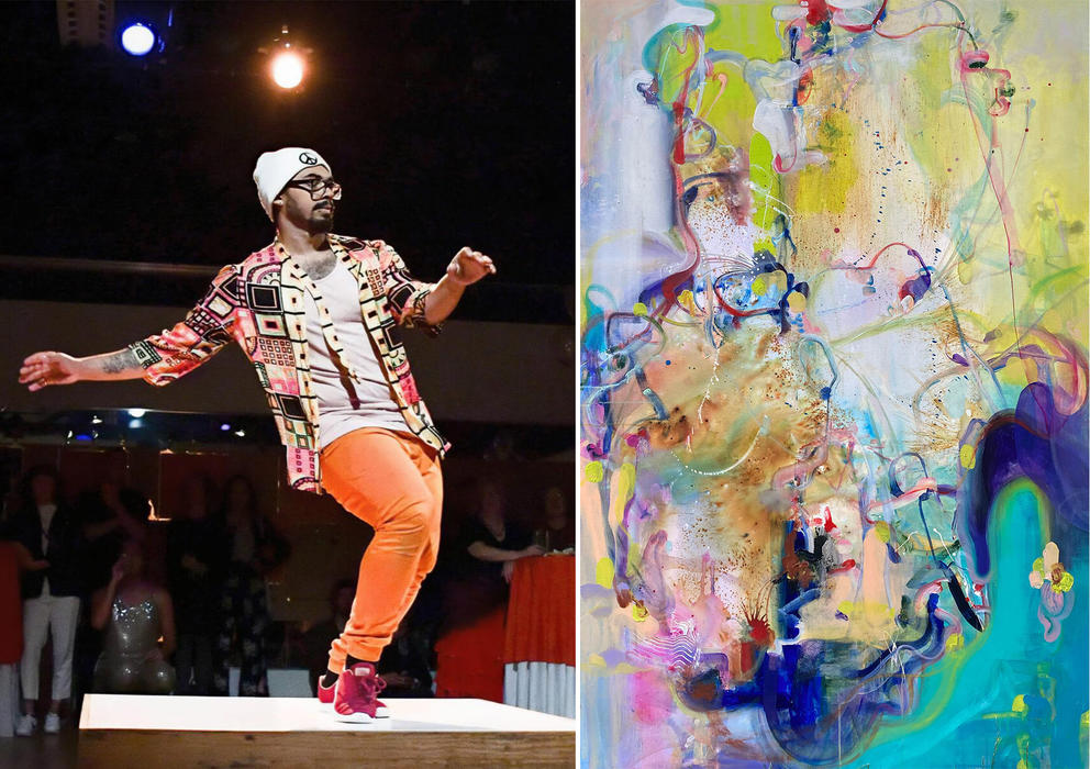 side by side image: on the left, a man dancing in orange pants, on the right, an abstract painting in yellow and turquoise