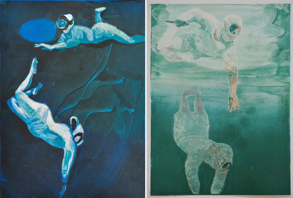 a side by side image of two paintings, both of divers diving down underwater, one blueish one greenish