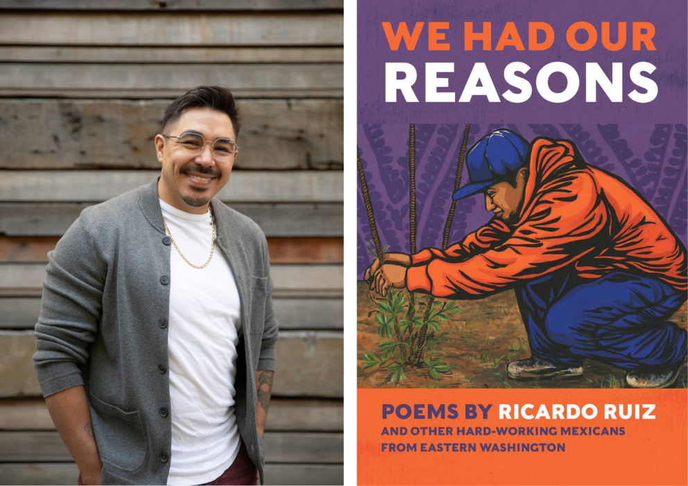 side by side images of a smiling man in a cardigan and glasses and a book cover that reads "we had our reasons"