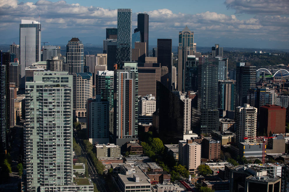 a view of the seattle city skyline from the space needle