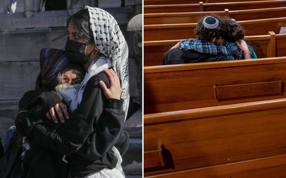 Two images of people comforting each other at local events