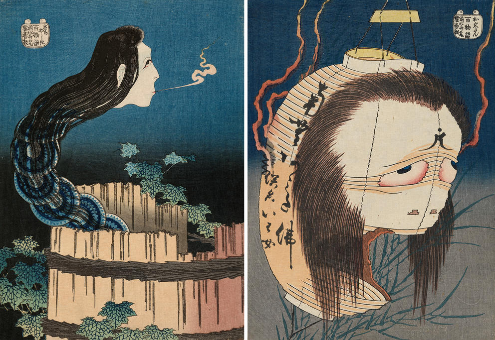 two woodblock prints side by side, both of spooky Japanese ghosts