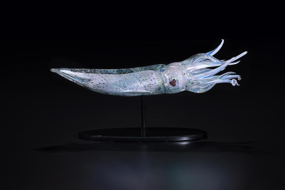 a glowing glass squid on a black background