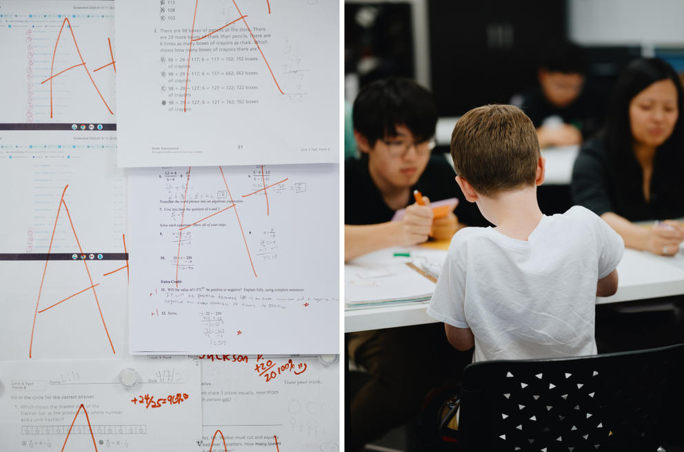High-scoring test papers hang alongside a separate image of students studying.