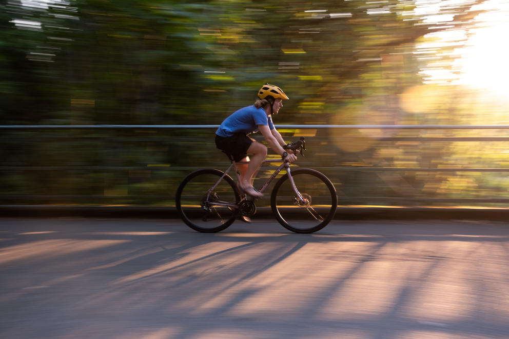 A cyclist biking down a road in warm afternoon light