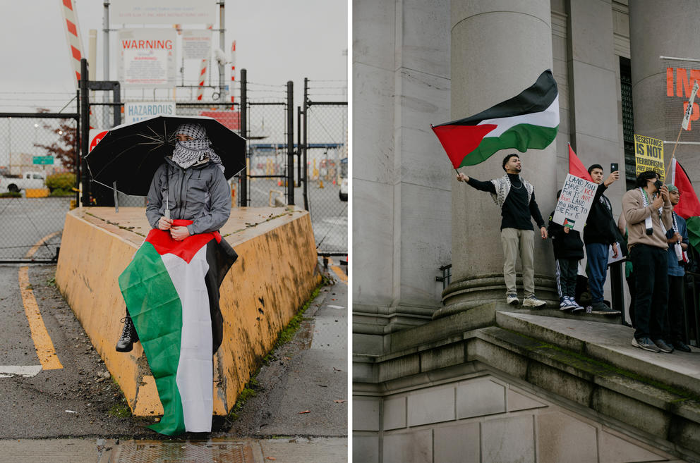 Two images of protesters carrying Palestinian flags at protests
