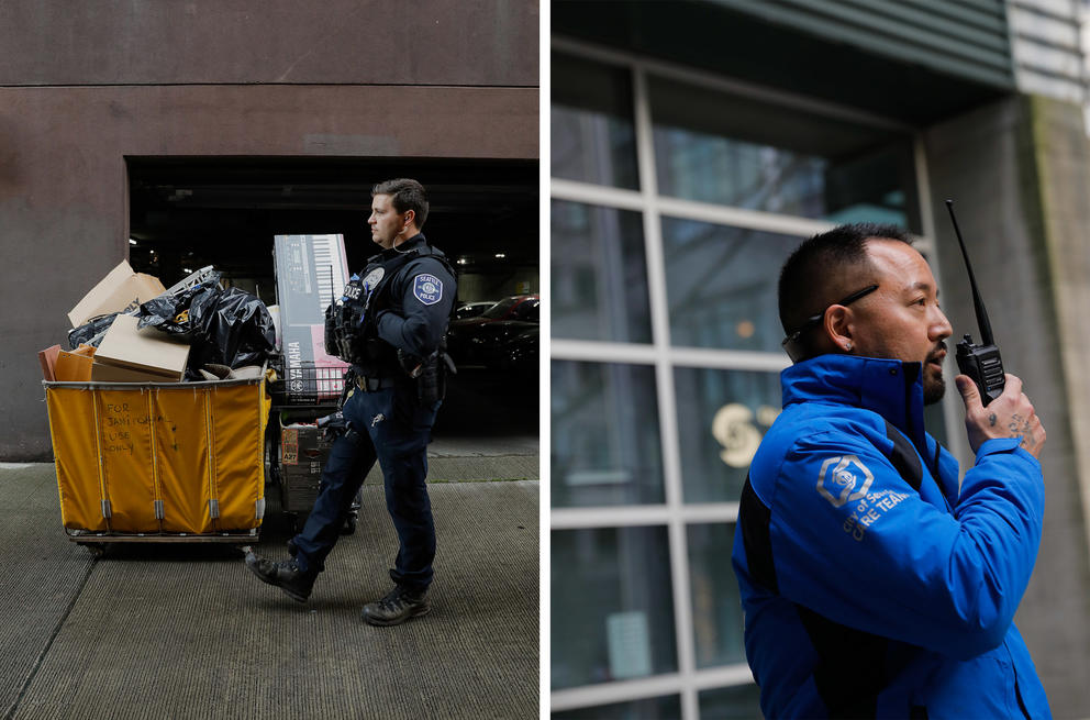 At left, a police officer walks past a bin filled with household items and bags. At right, a man in a blue jacket uses a walkie-talkie outside
